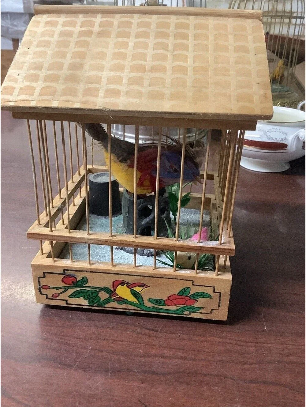 Vintage Singing Bird in Wooden “Jaula pajaro” Cage Battery Operated~Works!